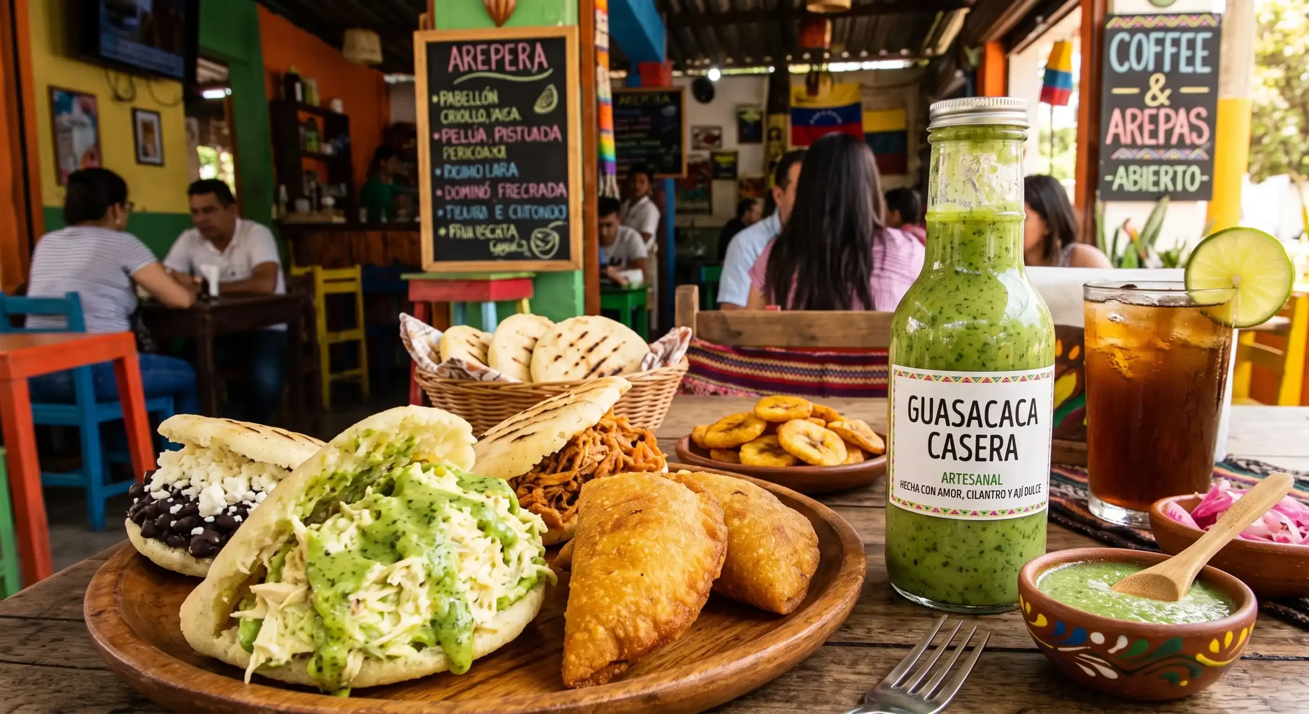 Salsa verde venezolana servida con comida venezolana
